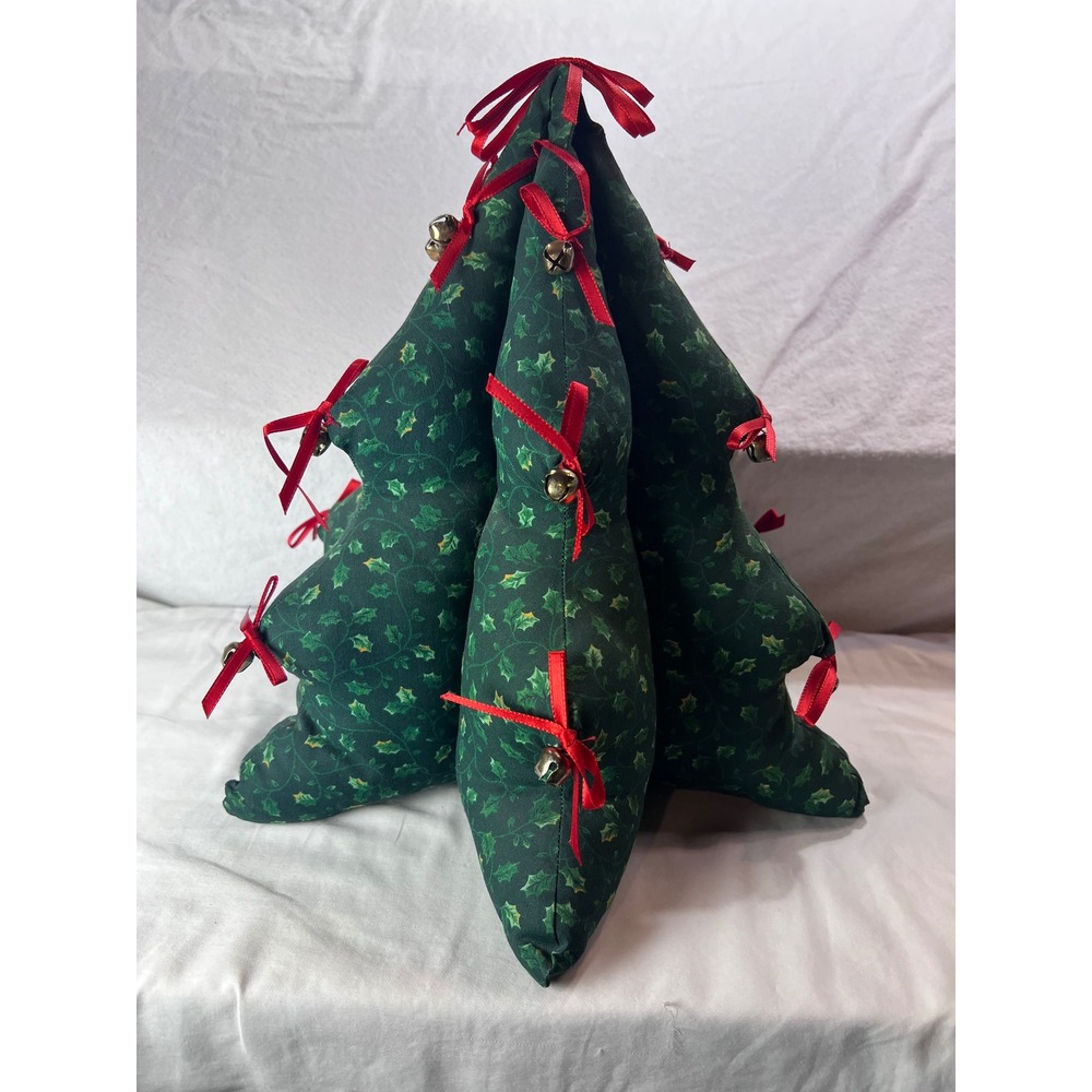 Handmade Fabric Christmas Tree Centerpiece Holly Print Red Bows Jingle Bells 12"